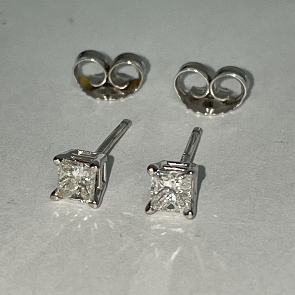 Solid Stamp 14K White Gold Princess Cut Natural Diamond Solitaire Stud Earrings